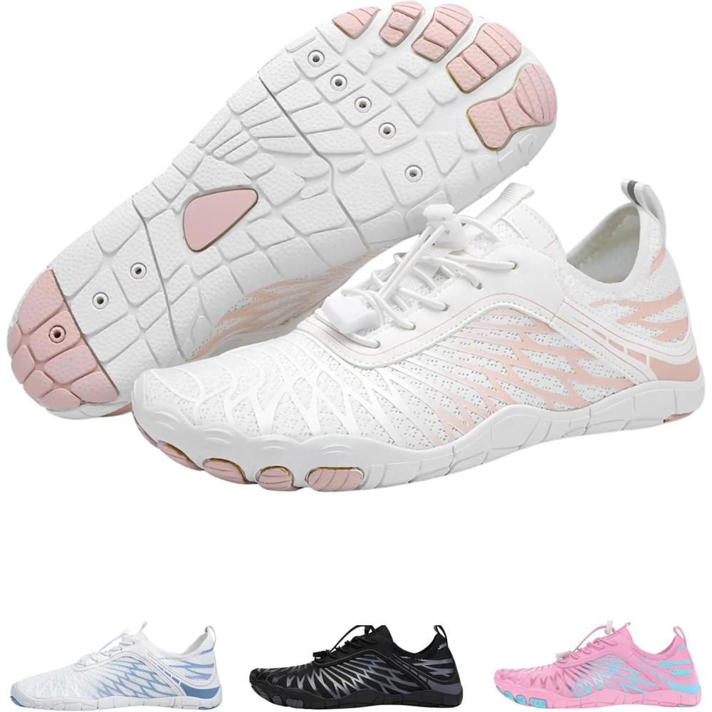imageLazuli Pro  Healthier and Comfortable Feet with Barefoot Shoes Lightweight Flexible Arch Support Wide Walking Shoes UnisexWhite  Pink